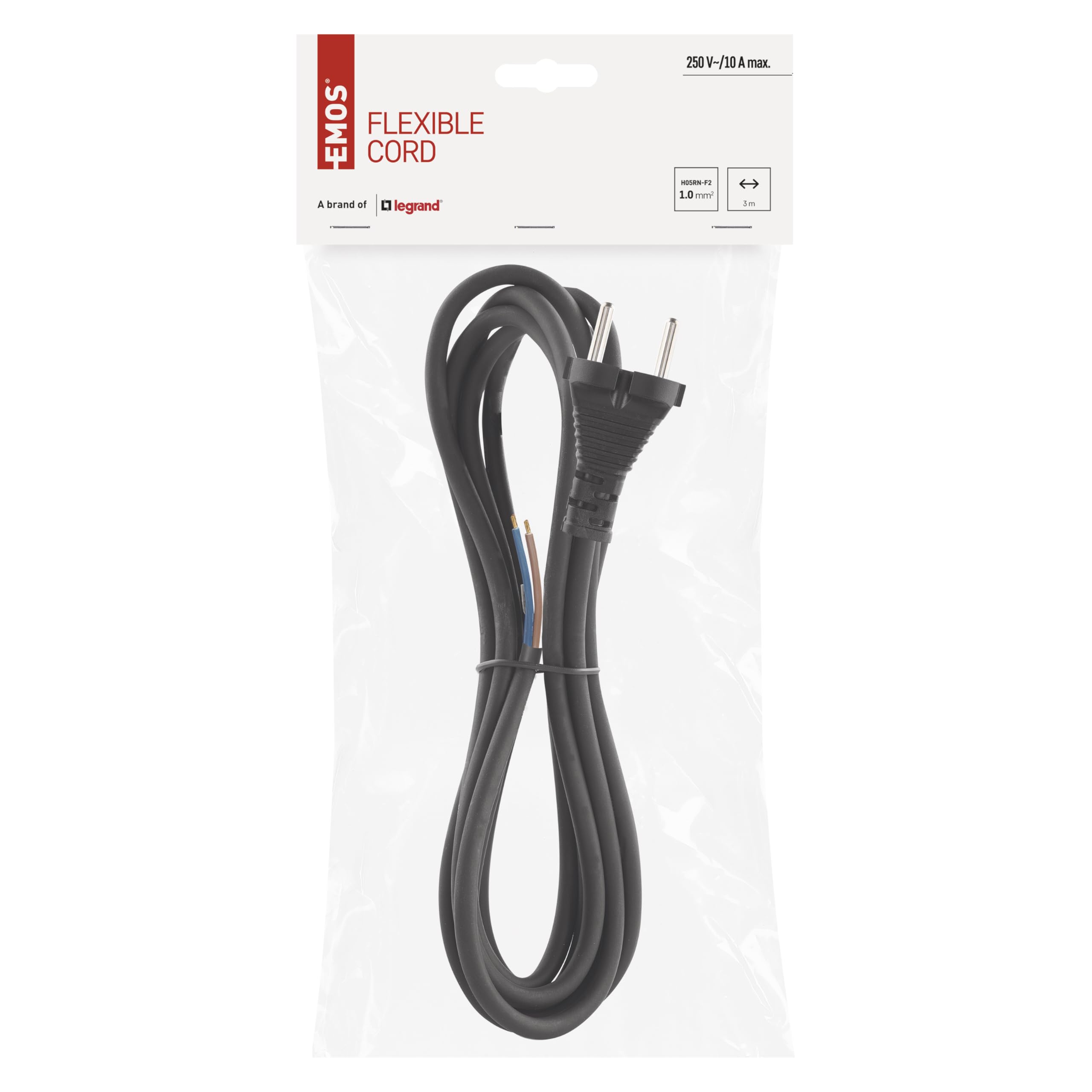 EMOS Gumowy przewód przyłączeniowy 3 m, kabel zasilający, kabel przyłączeniowy, kabel do żelazka, kabel połączeniowy Schuko, 2 x 1,0 mm2, guma H05RN-F/neopren, czarny