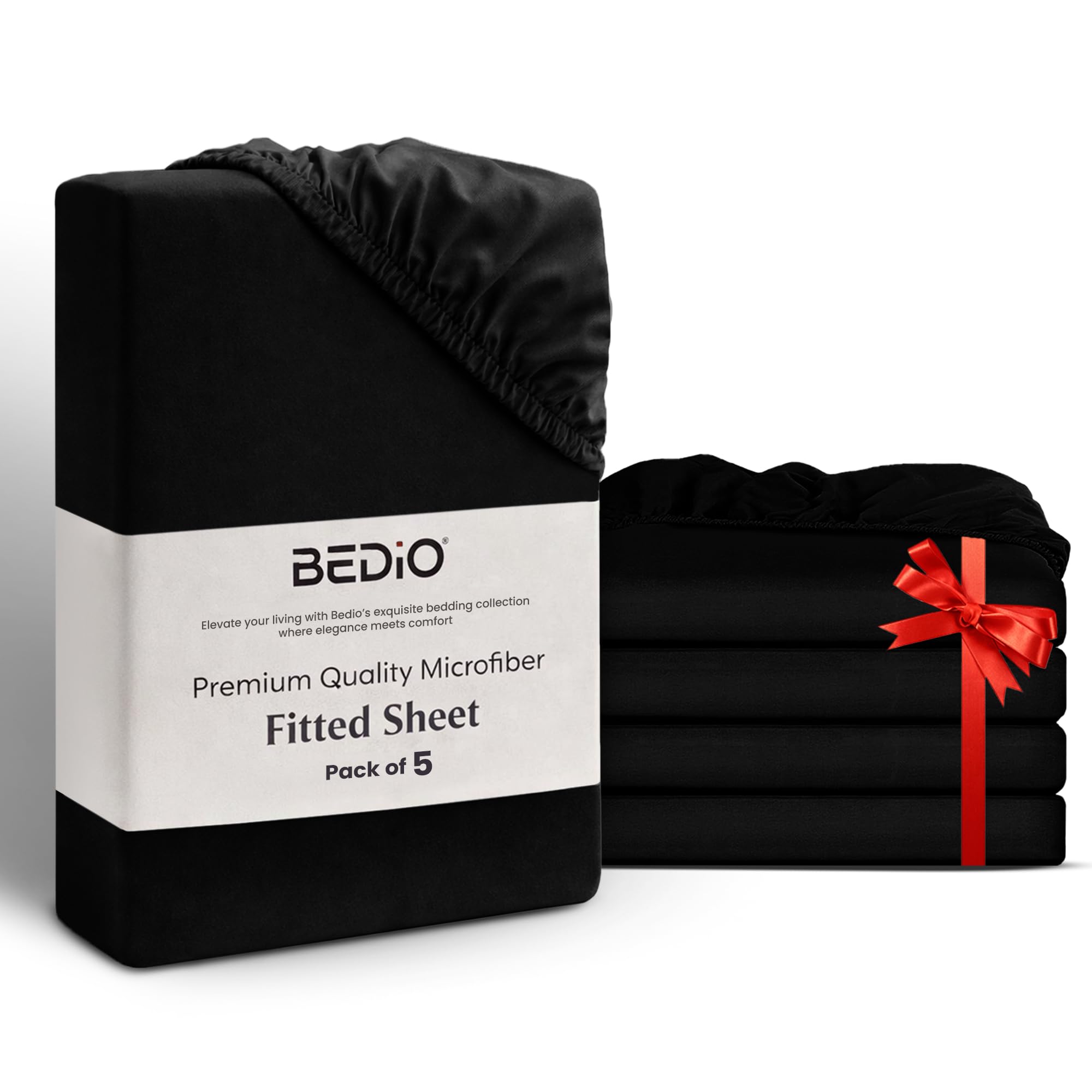 BEDIO Black Single Fitted Sheet (Pack of 5) 91x190CM - Extra Deep Pocket 40 cm (16 inch) 360° All Around Elastic Easy Care - Soft Brushed Microfiber Fabric - Shrinkage & Fade Resistant
