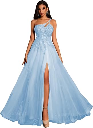 Guramisi One Shoulder Beading Tulle Prom Dresses for Women 2026 Spaghetti Strap A Line Formal Evening Gowns with Slit