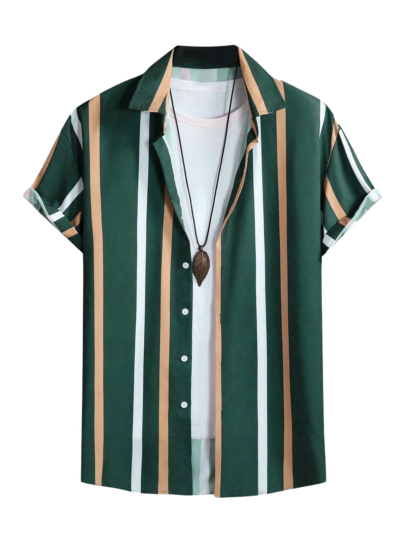 OYOANGLE Men's Color Block Striped Print Short Sleeve Button Up Casual Shirt