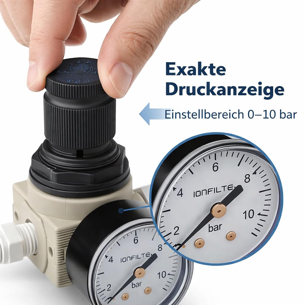 Regulowany reduktor ciśnienia wody z manometrem 0-10 bar, złączka przyłączeniowa 1/4", nadaje się do instalacji wody stołowej, instalacji osmozy lub dowolnego filtra wody