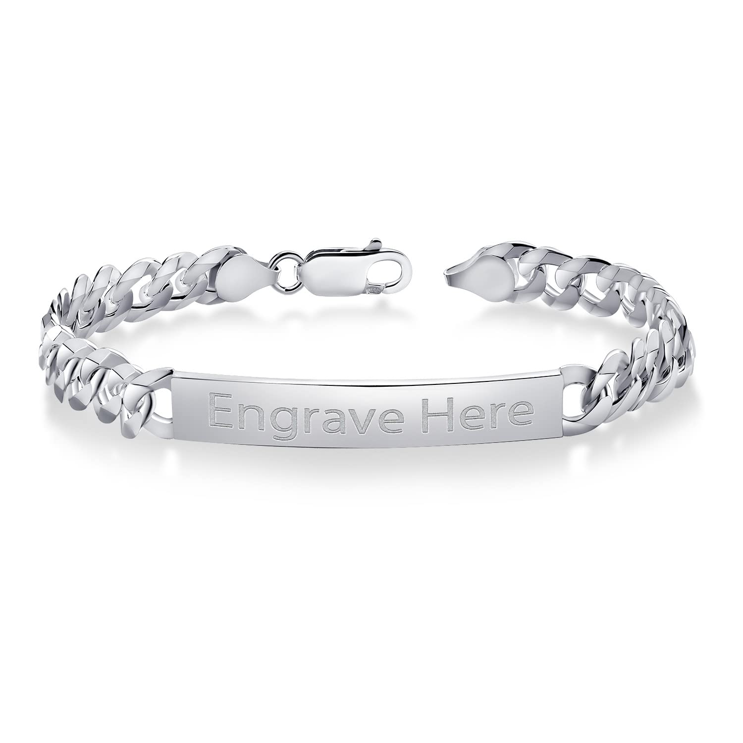 Gem Stone King Men's 925 Sterling Silver Personalized Engravable ID Name Bracelet For Men | Curb Chain 7.5, 8 or 8.5 Inch | 7MM Wide | Lobster Clasp |