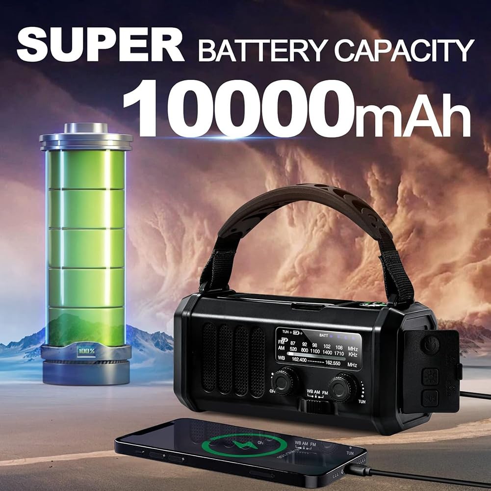Radio Meteorológica de Emergencia FM/Am/, Radio Portátil con Manivela, Linterna, Energía Solar de 10000 MAh para Acampar Al Aire Libre