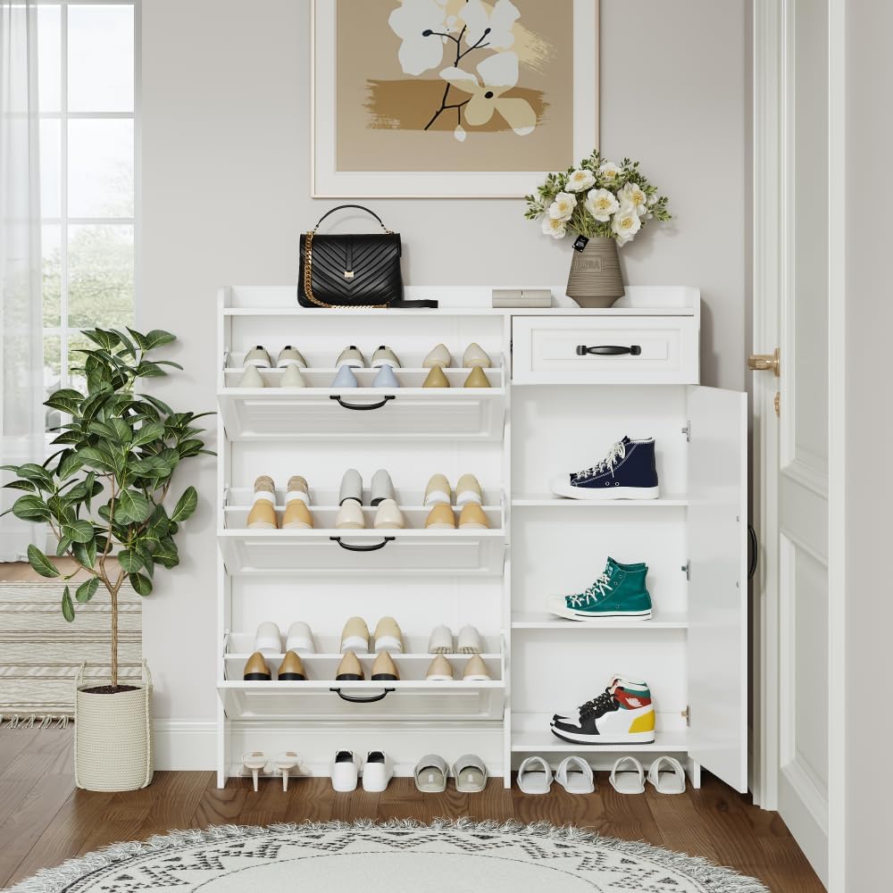 White Color Shoe Cabinet with 4 Doors 1 Drawers,Large Space for Storage