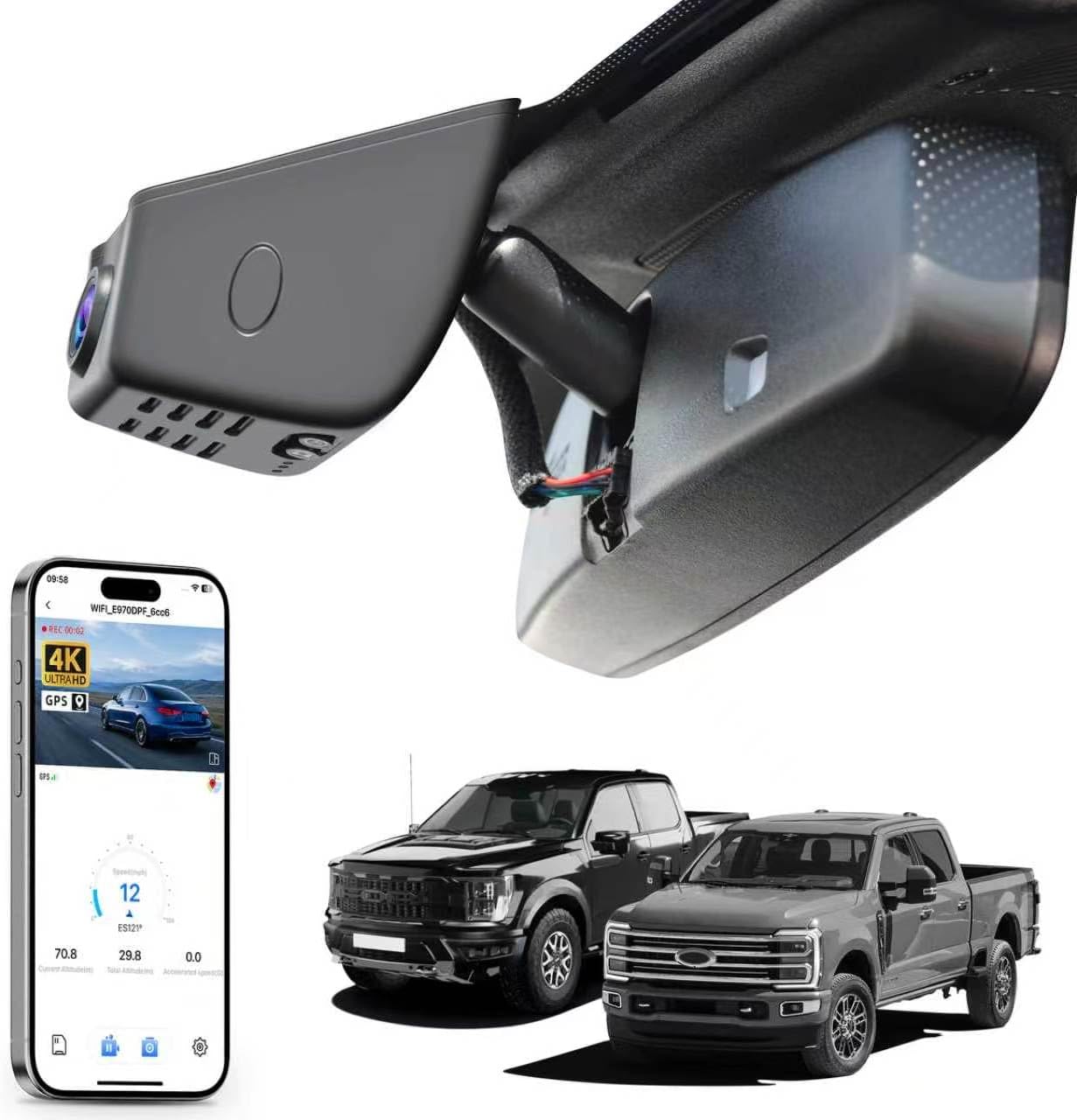 Mangoal 4K Dash Cam for Ford F150 2018-2026 F250-F450 2020-2026 (Model A) | Super Duty 2020-2026, XLT Lariat King Ranch Raptor Limited Platinum, UHD 2160P, WiFi & App, 64GB Card Included, GPS