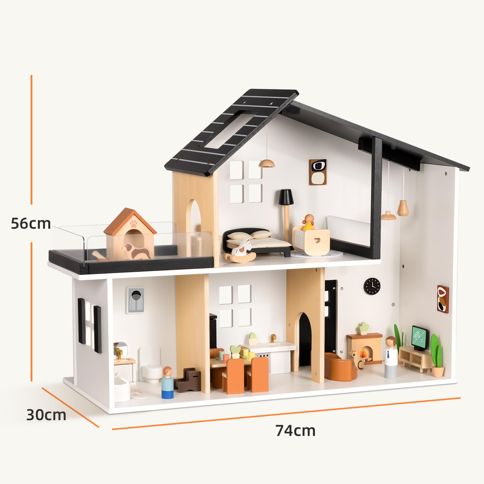 OOOK Puppenhaus Holz, Dollhouse mit 66 Möbel & Zubehör, Puppenhaus ab 3 Jahre Mädchen und Jungen, Spielzeug Geschenke für Kinder inklusive Puppen und Tier Sets