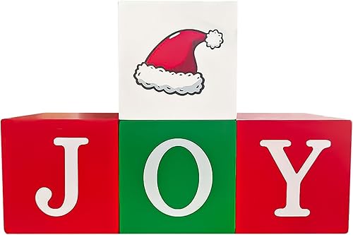 4 piezas de decoración de mesa de Navidad para interiores, bloques de madera, letreros rojos, verdes y blancos, centros de mesa de Navidad para el