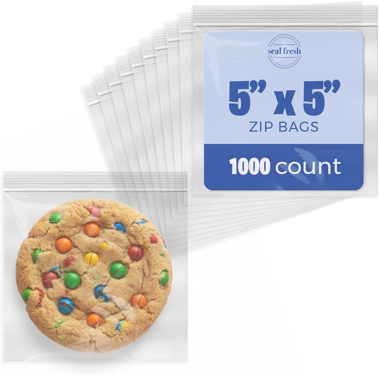 Seal Fresh 5 x 5 Inch Resealable Plastic Bags 1000 Pack — Clear Reclosable Snack Bags with Zipper Seal Top for Treats, Crafts, Small Parts, Storage