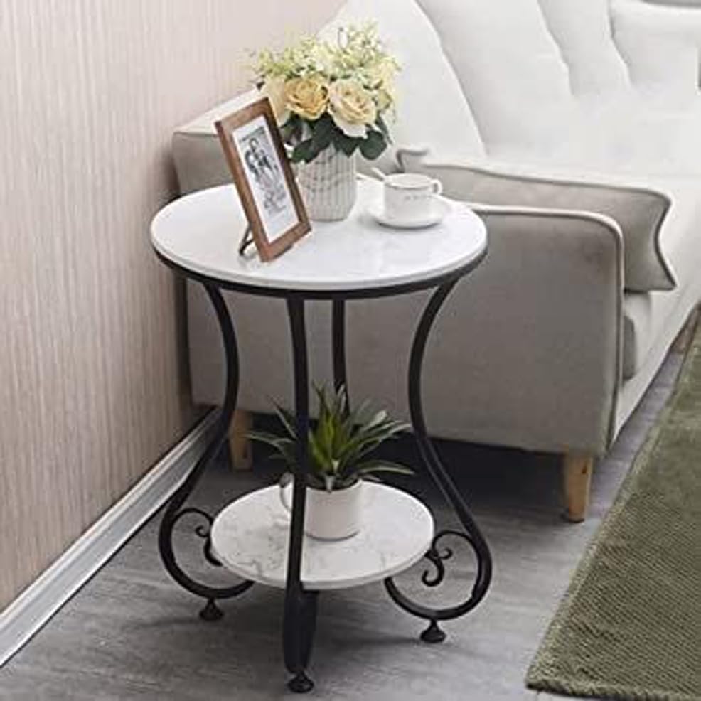 Image of CROWN ART SHOPPEE Round End Table with Storage Side Table Corner Table Metal White Wooden Top with Gold Base for Living Room Bedroom- Black & White
