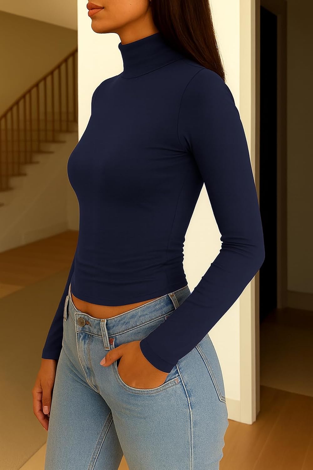 ForeFair Womens Turtleneck Mock Neck Long Sleeve Shirts Going Out Double Lined Crop Tops Slim Fitted Basic Tee - Image 2