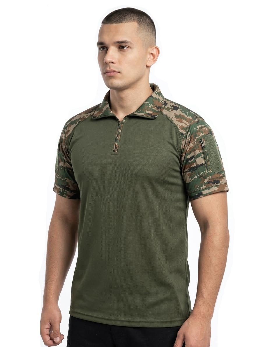Olive Green Military-Inspired Tactical Polo T Shirt for Men | Half Sleeve Zip Collar | Digital Camouflage Inspired Shoulder Design | Utility Sleeve Pockets with Velcro Patch-picture-51