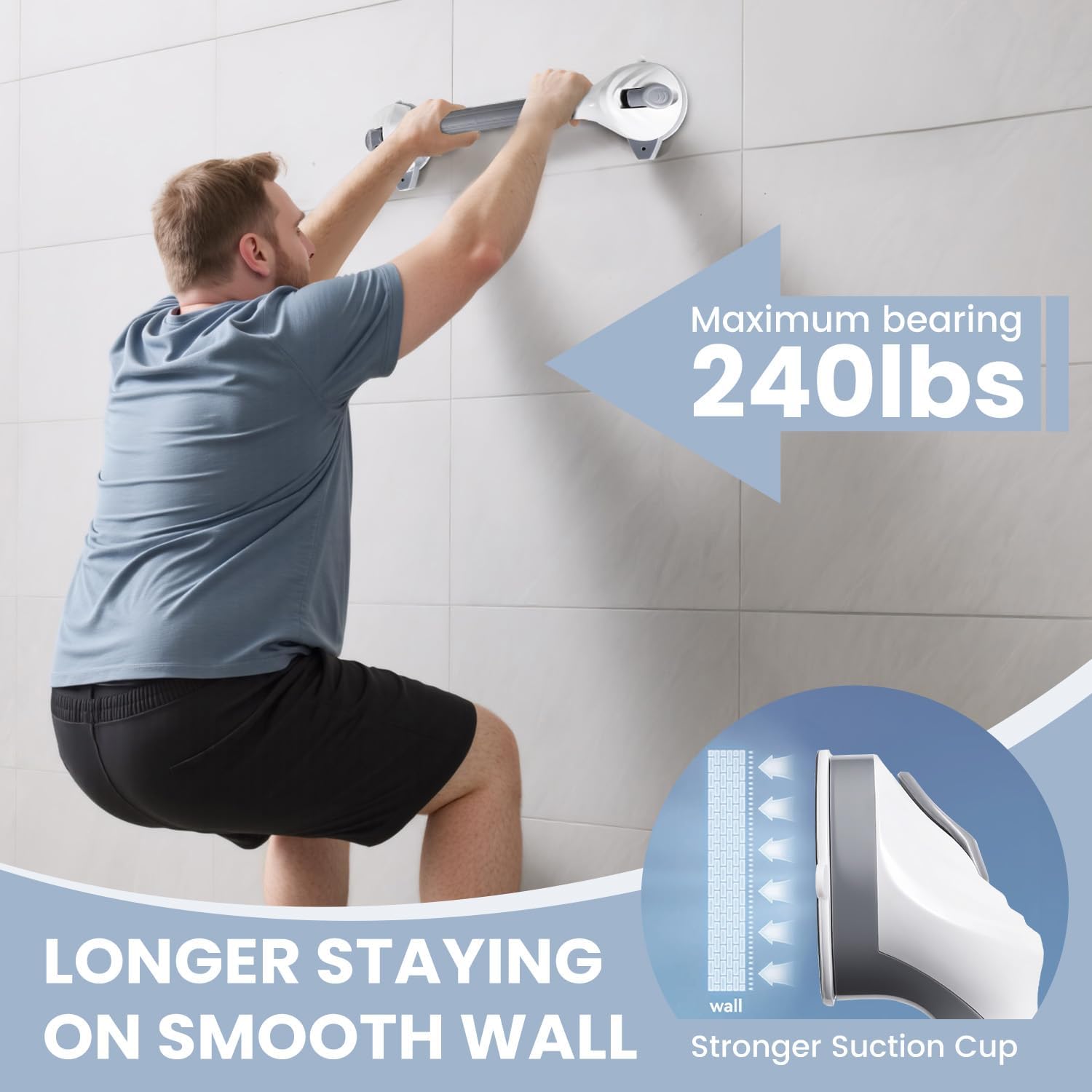 Grab Bars for Bathtubs and Showers, 16.5 Inch Handicap Shower Handle Safety with Indicators, No-Drill Bathroom Suction Cup Grab Bar for Shower Chair Stool, Seniors, Elderly (2 Pack)