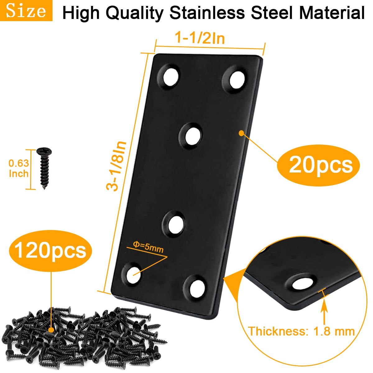 Paquete de 20 placas de reparación planas negras de 3 x 1.5 pulgadas, soporte de reparación de placas de unión de acero inoxidable para valla de muebles de madera
