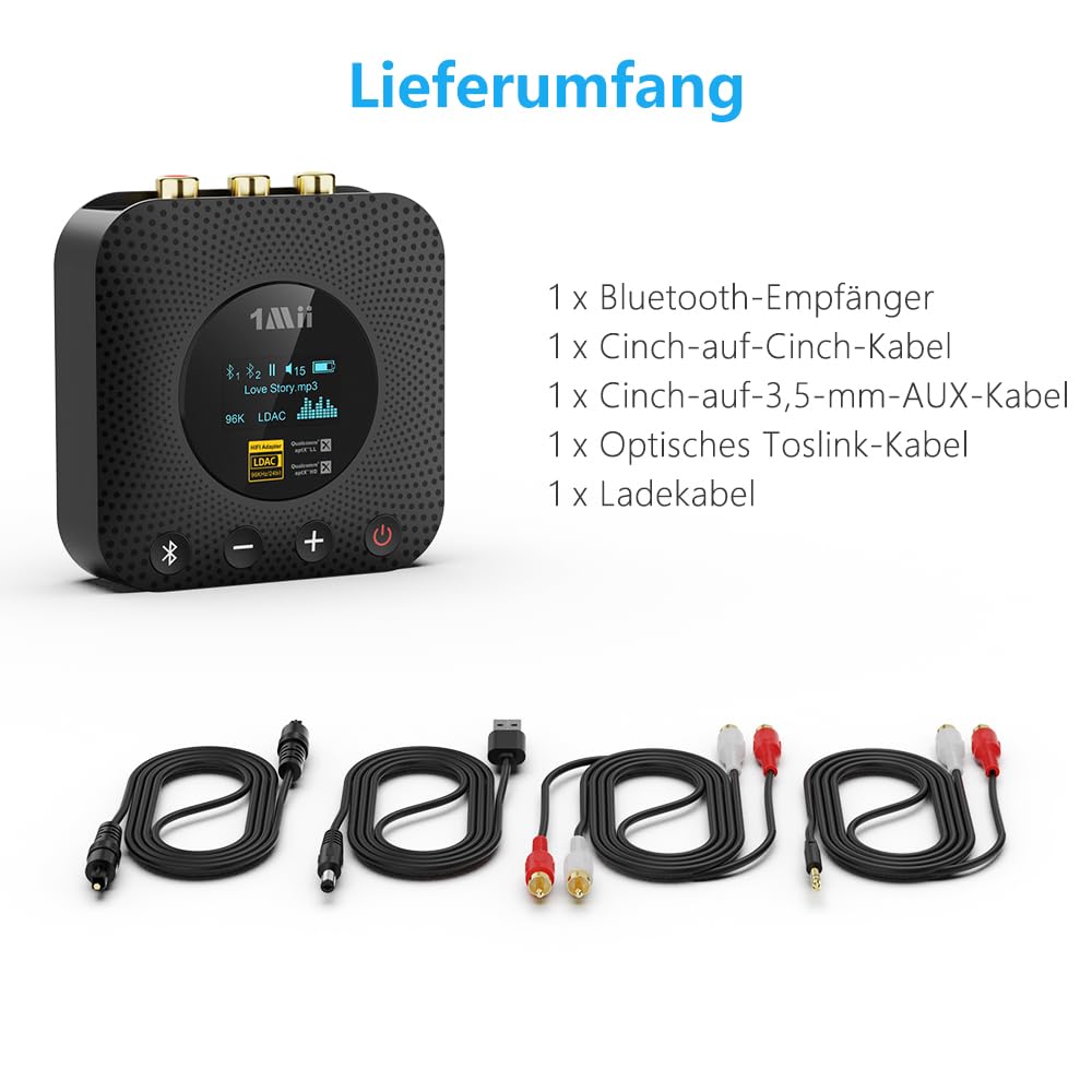 1Mii B06HD+ Hi-Res Bluetooth 5.3 Receiver mit LDAC & aptX HD, Audiophiler DAC & OLED-Display – Kabelloser Audio-Empfänger für Stereoanlage & Lautsprecher (Optisch/Cinch/Koaxial)
