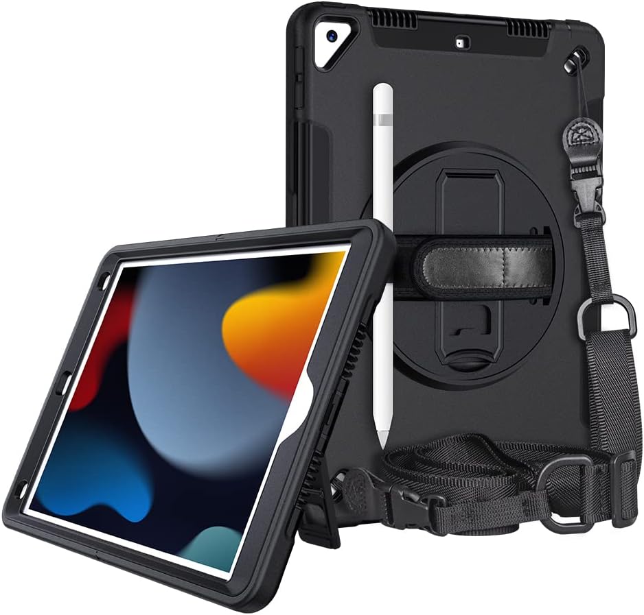 IPad Pro Case 10.2" for 7th/8th/9th Generation, 3-in-1 Protection, Screen Protector, Carrying Strap for Horizontal and Vertical use, Kickstand, Hand Strap on Rotating disc and Pencil Holder
