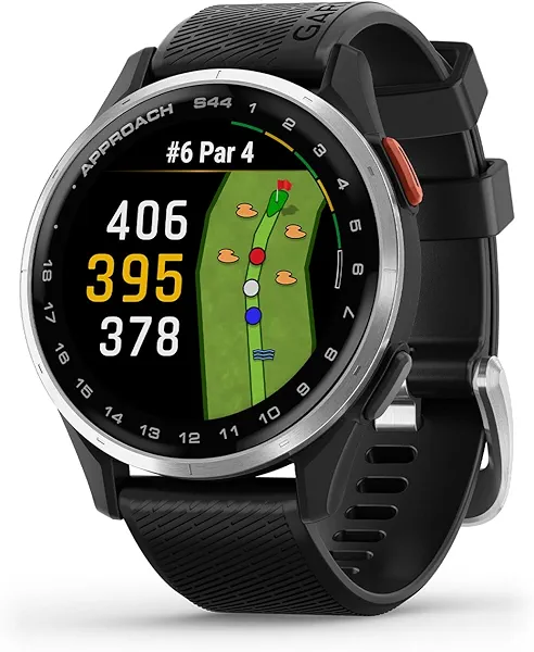 Garmin Approach® S44, Essential Golf GPS Smartwatch, AMOLED Display, On-Course Features, Silver Aluminum Bezel with Black Silicone Band