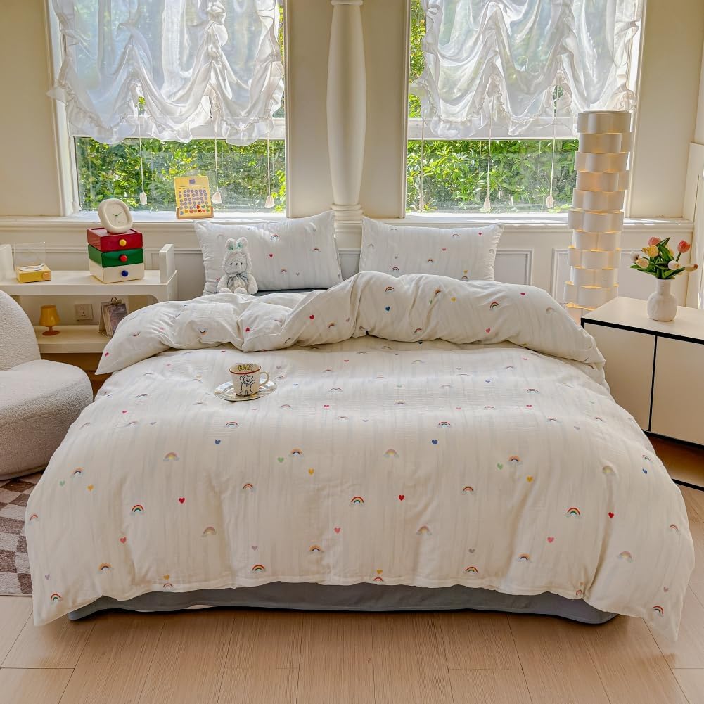 BlueBlue Rainbow Duvet Cover Set Queen 100% Cotton Soft Lightweight Gauze Bedding Rainbow Cloud Hearts Print on White 1 Cute Cartoon Full Comforter Cover 2 Pillow Shams, Queen