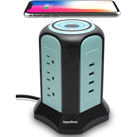 SUPER DANNY Power Strip Tower with Wireless Charger