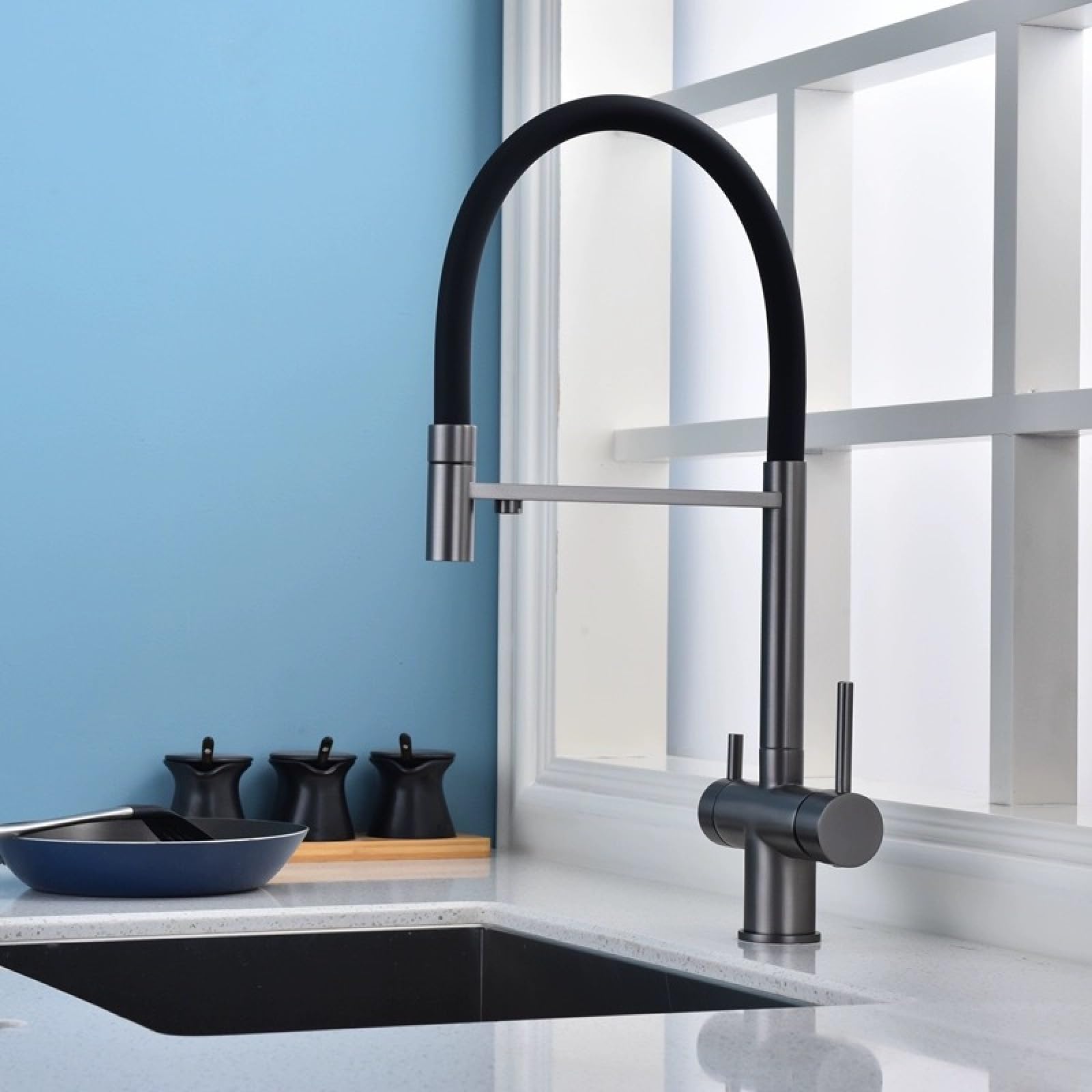 Bateria umywalkowa, Bateria kuchenna typu „trzy w jednym” ze stali nierdzewnej | Wielokolorowy kran kuchenny: wyciągany, do picia, umywalkowy(Brushed (Grey Silicone Tube) (Piping))