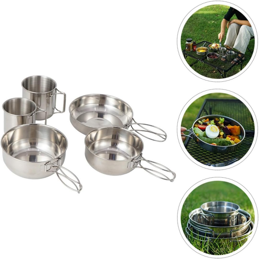 Camping Cookware Set Small Bowl 5pcs Stainless Steel with Folding Handle Including Saucepan, Large Bowl Large Cup, and Small Cup, Practical Outdoor Tableware for BBQ and Fishing