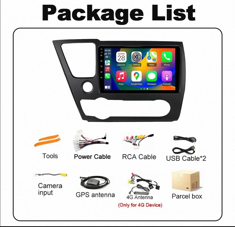 Radio coche 2 DIN con Carplay inalámbrico para Honda Civic 9 y pantalla HD de alta resolución 5
