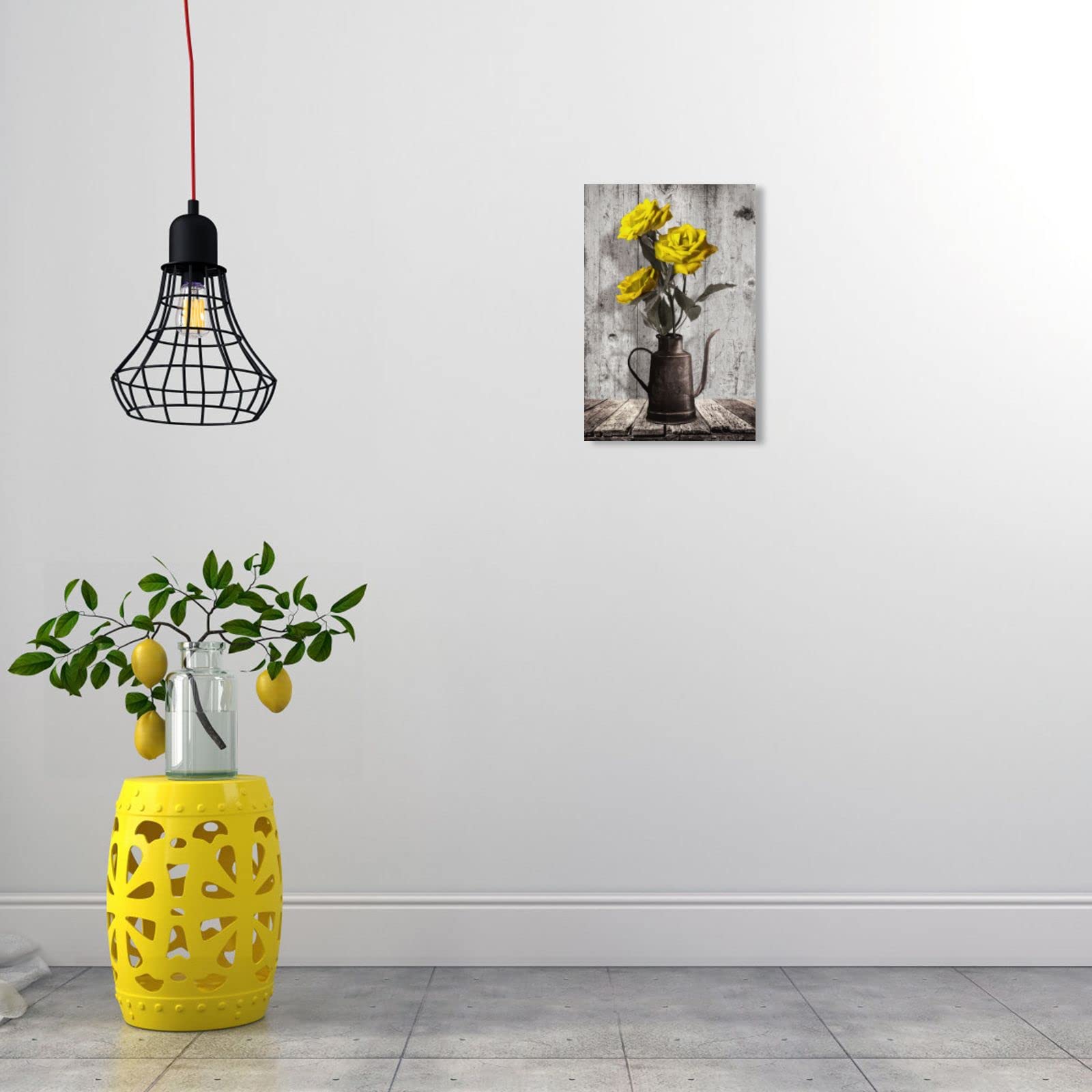 BSWDOJG Toile Murale Rustique Rose : Fleur Jaune Vintage Dans Un Vase