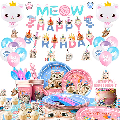 Katzen Geburtstag Deko,178Pcs Cat Partyzubehör Dekoration&Partygeschirr Set-Alles Gute Zum Geburtstag&Meow Katzen-Gesicht Banner,Ballons,Tortendeko,Teller,Becher,Servietten,Stroh ect, für 16 Gäste