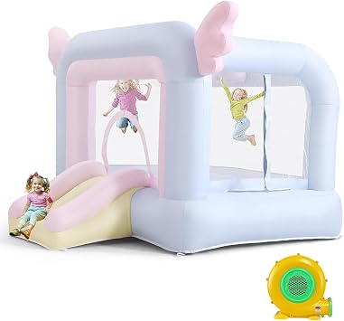 AKEYDIY Inflatable Bounce House for Kids, 106'' x 85'' x 80'' Macaron Jumping House with Slide, Balloons, Catch Ball Set, Punching Bag, Beach Ball, Basketball (Macaron Blue)