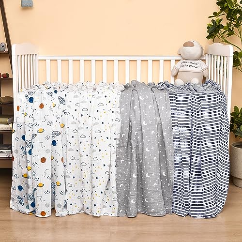 Image of david's kids 4 Pack Baby Muslin Swaddle Blankets, 100% Cotton and Ultra Soft Breathable Receiving Blanket Wrap for Boys Girls, New Born Essentials, Large 47 x 47 inches, Space /Stars /Wave