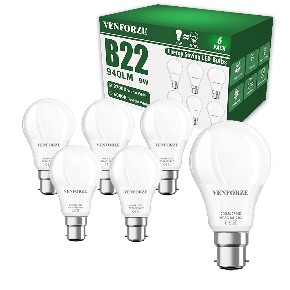 Sponsored Ad – Venforze Bayonet Light Bulbs, 9W(Equivalent to 60W) 2700K Warm White B22 LED Bulb, 940LM A60 Bayonet Bulbs, Non Dimmable BC GLS Energy Saving Light Bulbs, Pack of 6