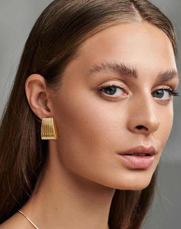 Gold Chunky Statement Earrings for Women, Trendy 14K Gold Plated Square Geometric Vintage Drop Dangle Designer Stud Earrings, Jewelry Gift - Image 2