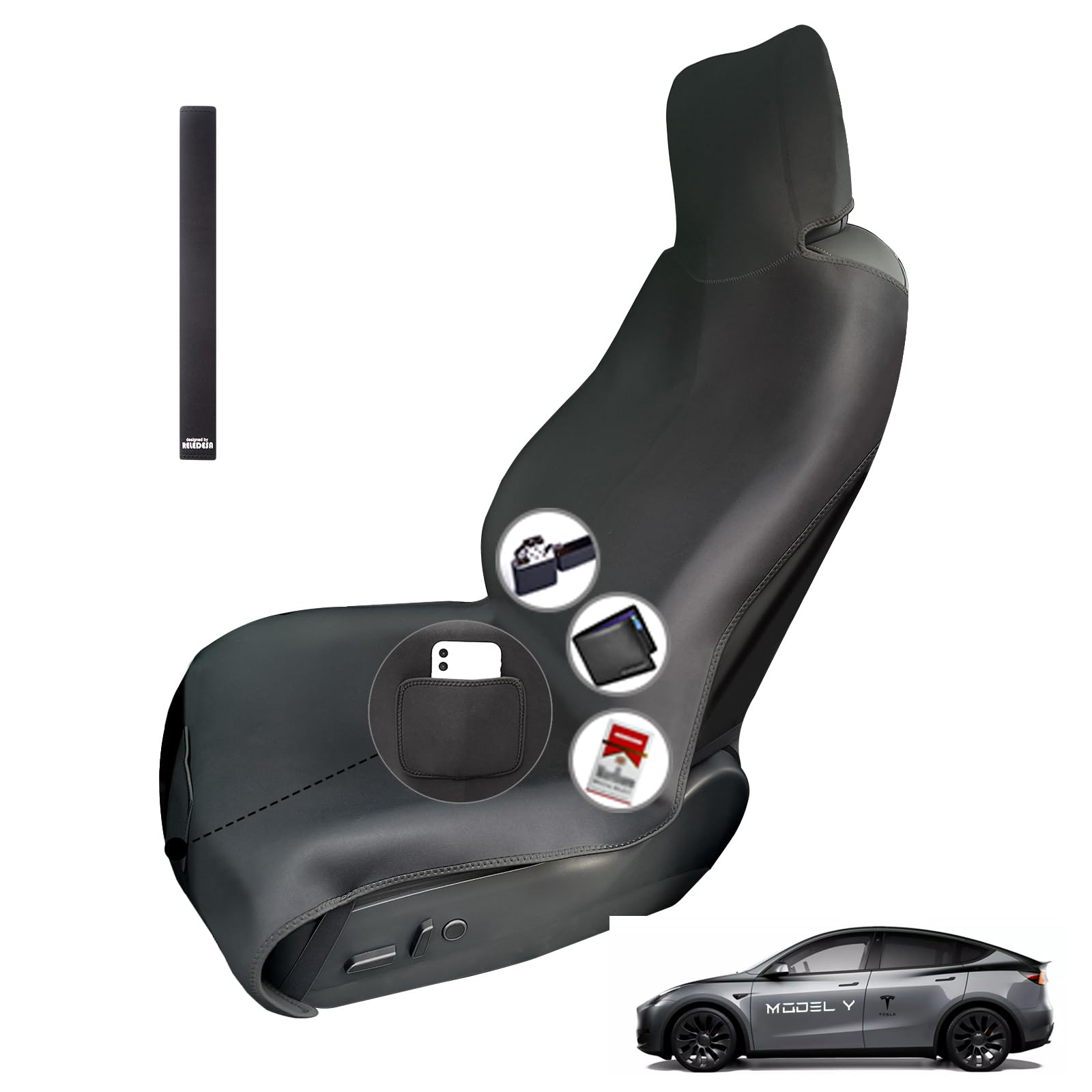 1PC Améliorée Élargi Housse siege voiture impermeable pour Tesla Model Y/Model 3, neoprene Housse voiture avant pour Tesla Model S/Model X, avec 3 sangles à boucles et pochette de rangement (Noir)