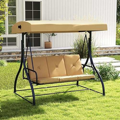 Image of HAPPYGRILL 3 Seat Outdoor Porch Swing, 2-in-1 Swing Glider with Adjustable Canopy, Removable Cushions, Foot Pad, Curved handrails, Outdoor Swing for Patio Yard Garden Balcony Backyard