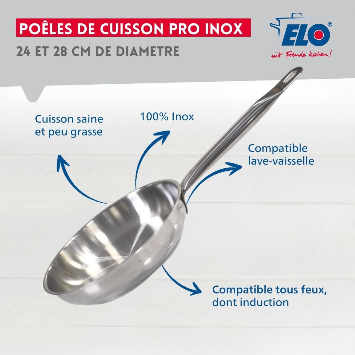 Elo 9903550 Lot de 3 poêles à frire inox 24 cm 28 cm et 32 cm, 2 poêles inox, à frire , de cuisine , Acier inoxydable, 24 cm 28 cm et 32 cm, Gris 7