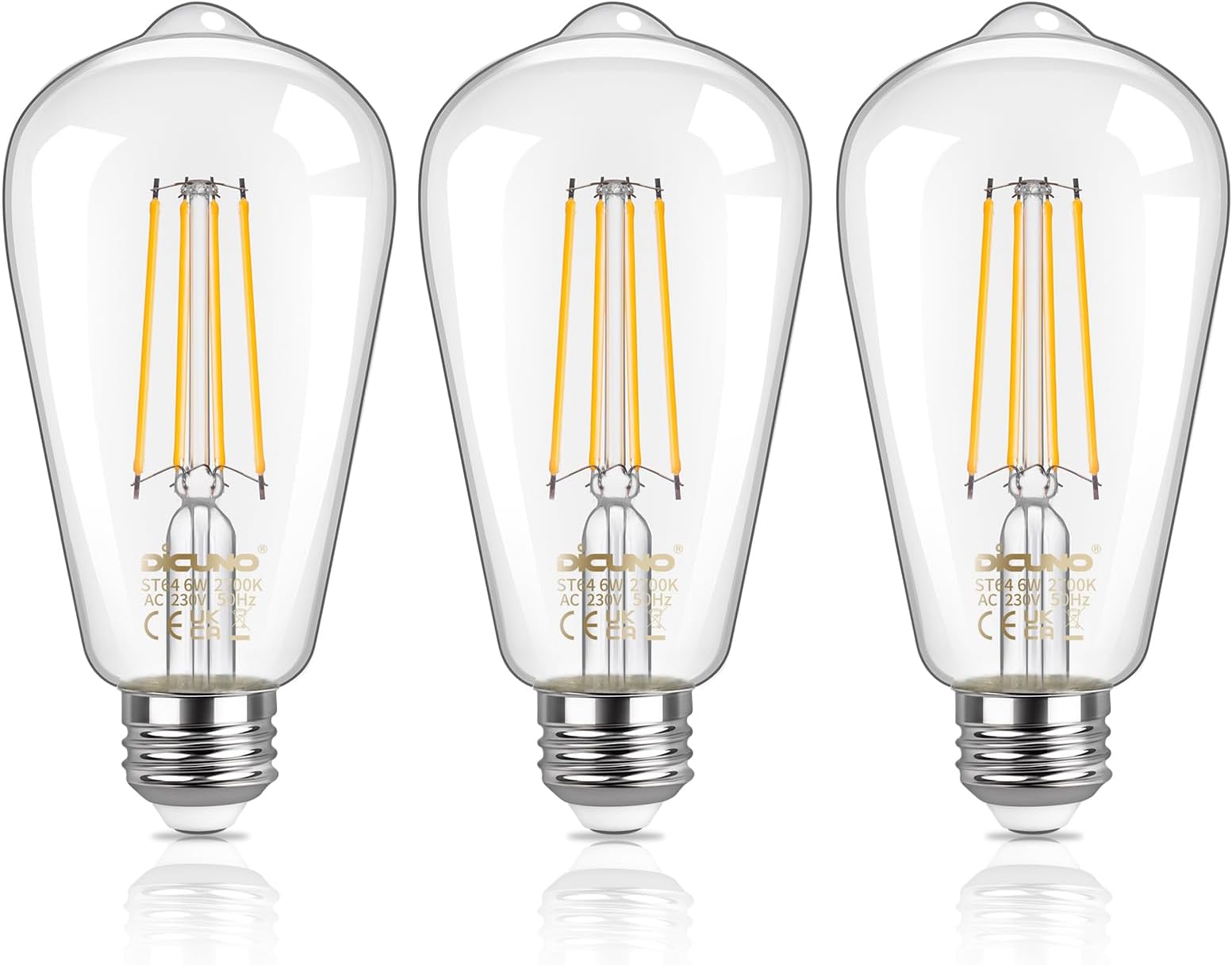 DiCUNO Vintage Edison Light Bulb E27 Edison Screw Bulb ST64, 6W Equivalent to 60W, Filament Clear LED Bulb, Warm White 2700K, 810LM, Non-dimmable, 3 Pcs