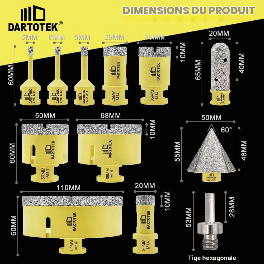 Foret Diamant Carrelage 12 Pièces - 9 Scies Cloche M14 (6/6/8/20/25/35/50/68/110mm), Fraise 20mm, Chanfrein 50mm, Adaptateur M14/Hex pour Céramique, Marbre, Granit, pour Meuleuse