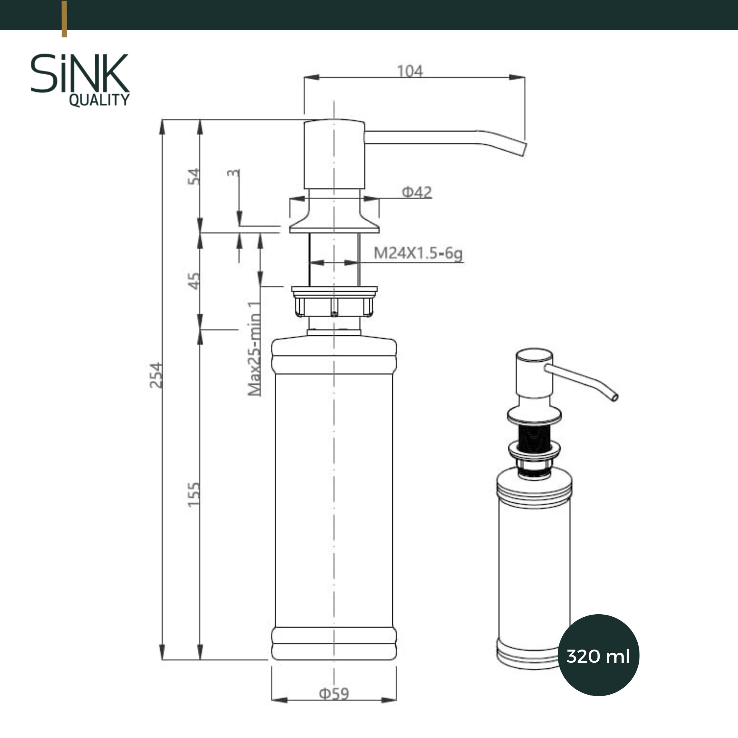 Sink Quality - Dispenser di sapone da incasso bianco - 320 ml in PVC robusto - Dispenser per detersivo da incasso per lavello, antiruggine, ricaricabile dall'alto, pompa girevole a 360°, dispenser per