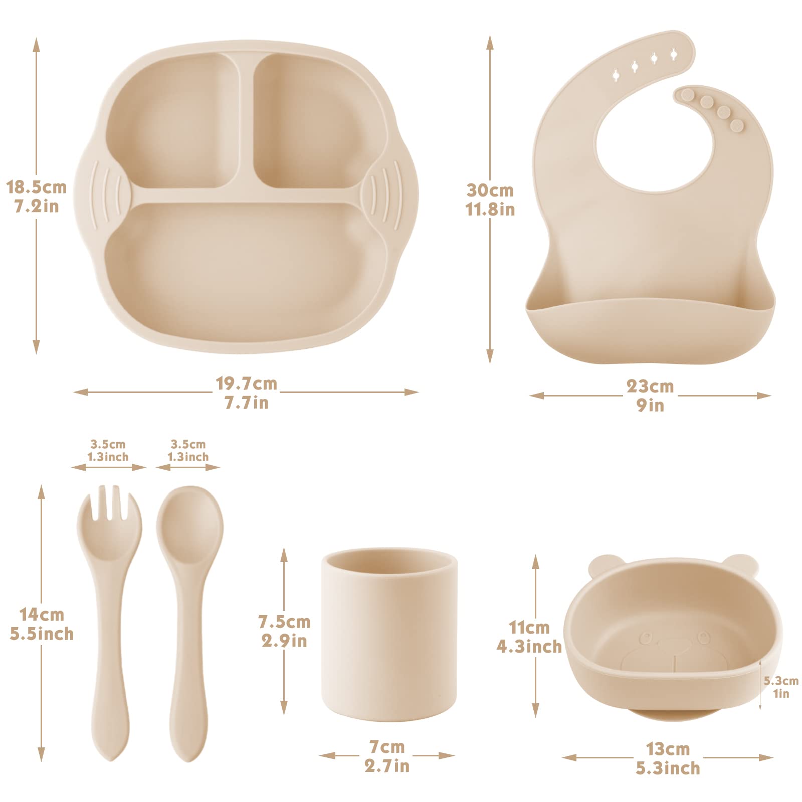 Pot De Conservation Bebe FUNYKICH Set De Repas Bébé 7 Pièces - Assiette, Bol Et Verre Ventouse - Bavoir Et Couverts En Silicone Sans BPA - Lavable Au Lave-vaisselle - Rouge Foncé Bavoir Silicone Bebe