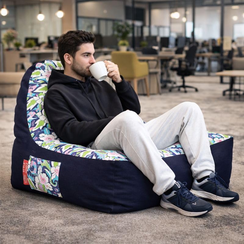 Image of Style Homez Urban Design Denim Canvas Floral Printed Chair Bean Bag XXL Size Filled with Beans Fillers