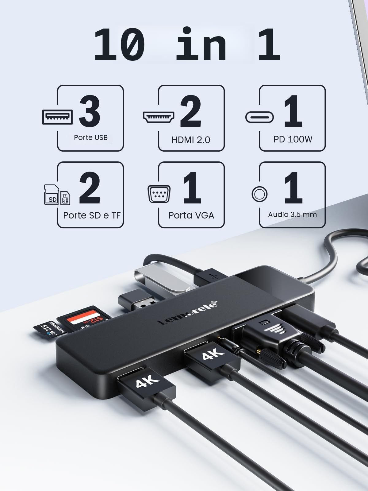 Lemorele Docking Station USB C Hub 3*Display -10 in 1, Dual Monitor con 2 HDMI 4K, VGA, AUDIO, 3 USB 3.0/2.0, PD 100W, SD/TF, Docking Station a MacBook/DELL/Windows/HP/Surface