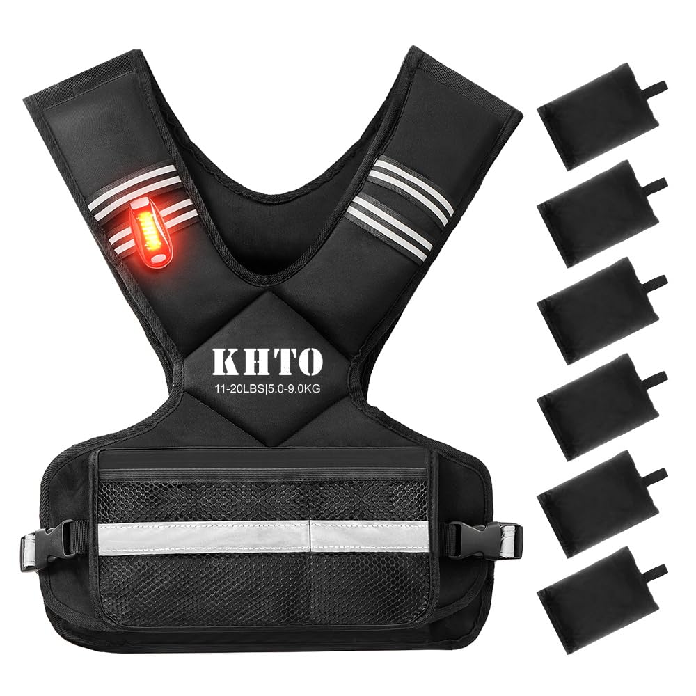KHTO Adjustable Weighted Vest for Men and Women with Warning Light Reflective Strip Large Weight Vest for Exercise