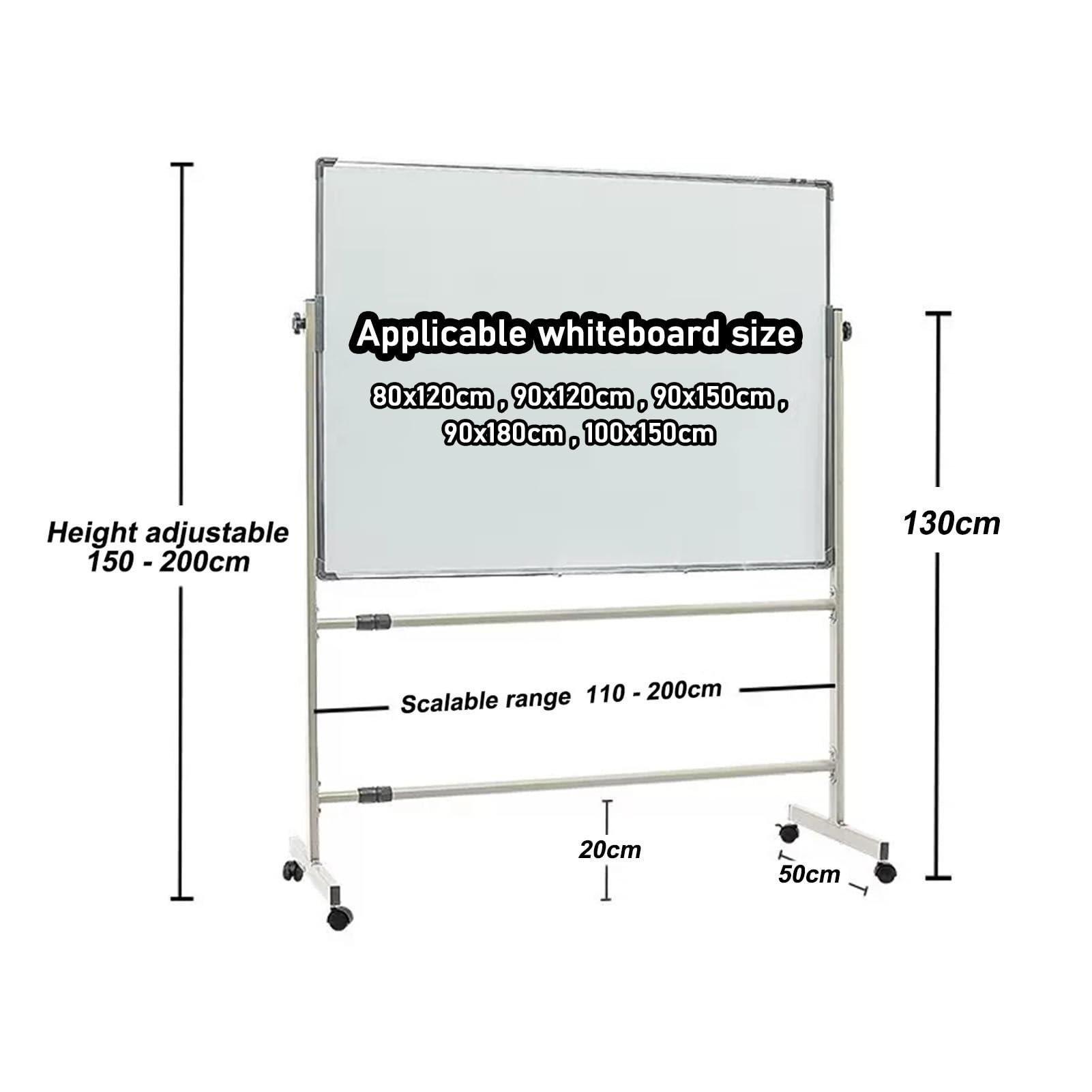 Mobiles Whiteboard, mobiler Ständer, Einstellbarer Neigungswinkel und Höhe, mit feststellbaren Rollen, Metall-Rollständer, passend für die Größen 80 x 120 cm – 100 x 150 cm