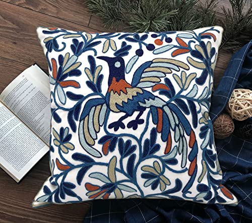 Alysheer Embroidered Decorative Throw Pillow Cover 18x18 inch, Lucky Bird Boho Embroidery Vintage Knit Pattern Farmhouse Chic Cotton Cushion Case for Sofa Couch Bed Living Room Outdoor(Navy Blue)