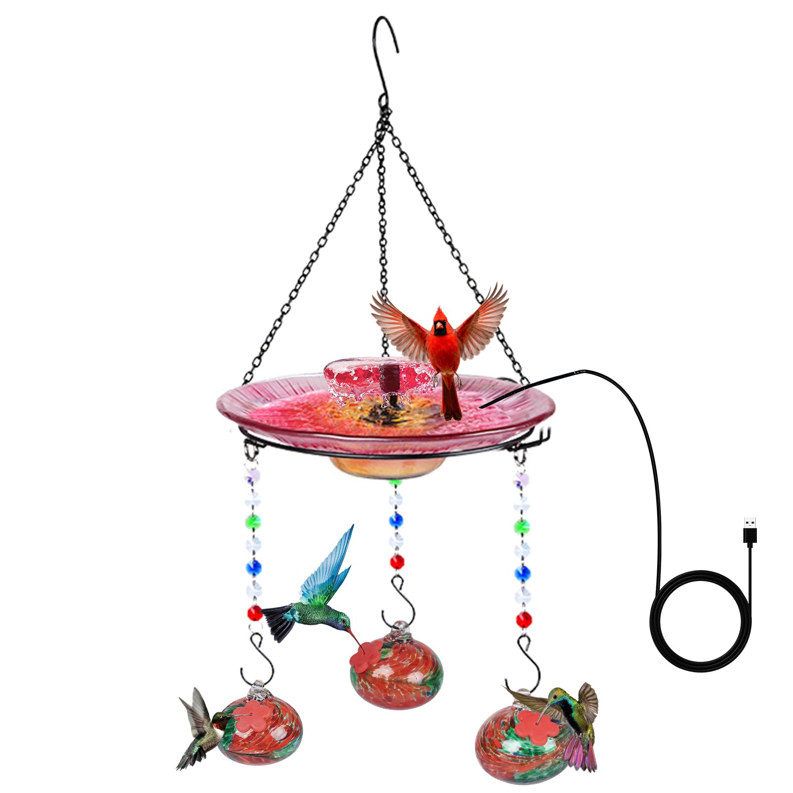 Headak Life Comedero de colibrí de vidrio soplado a mano para exteriores y baño de pájaros, 2 en 1 para pájaros pequeños, comedero colgante para colibríes, baño para pájaros para exteriores con bomba