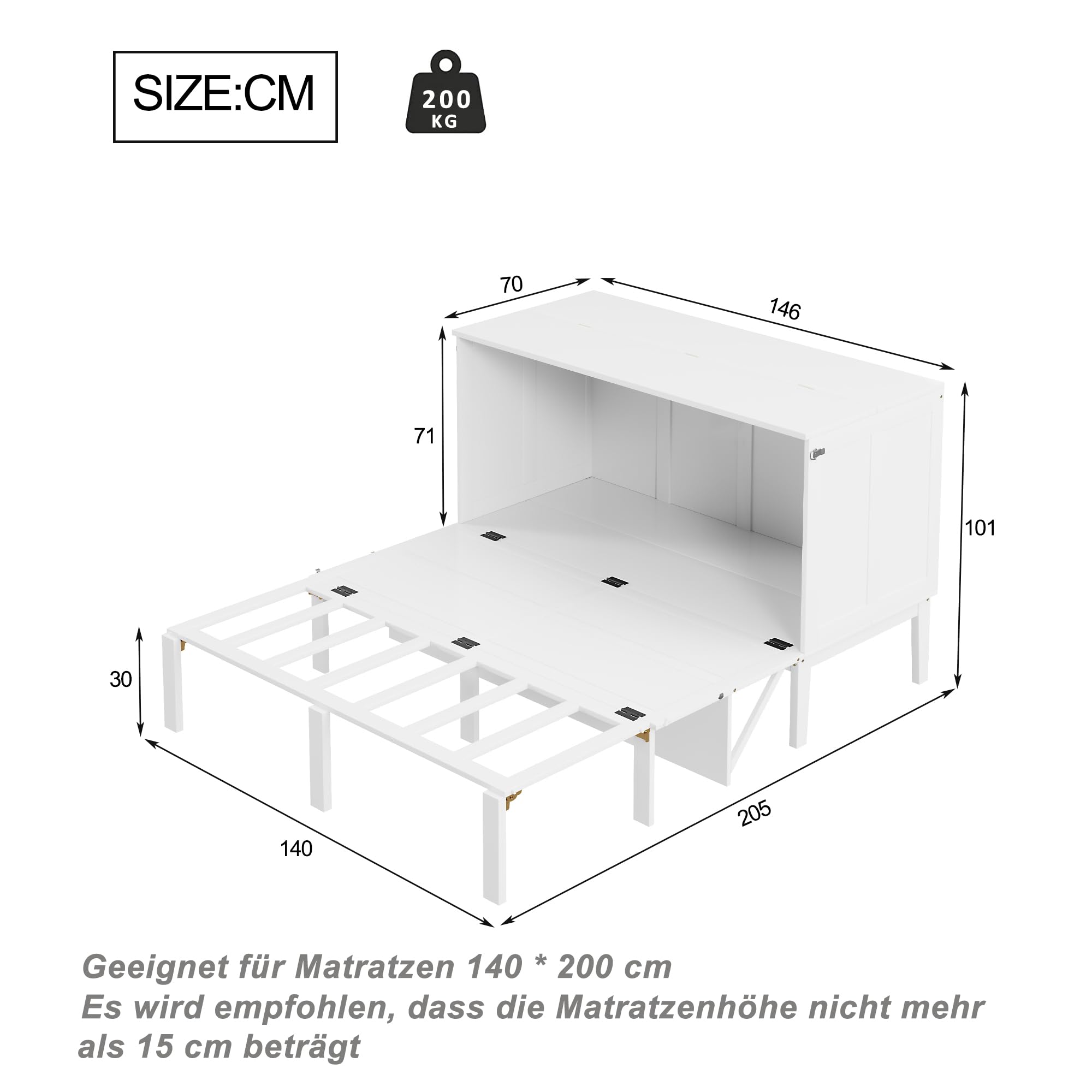 Letto per armadio, 140 x 200 cm, letto da parete con rete a