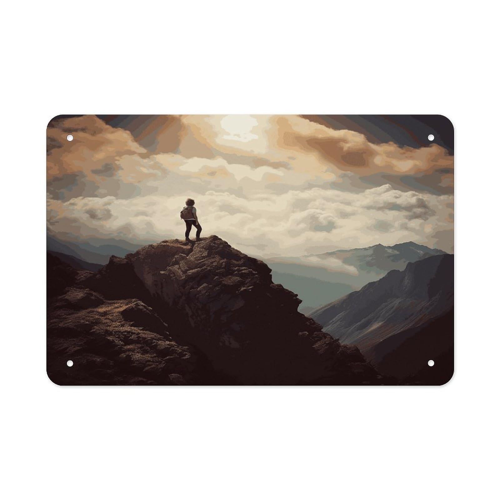 LDGSUPH Woman on A Top Mountain Metal Tin Sign Wall Art Prints Folded Edge Iron Sheet Painting with Holes for Wall Prints Decorative Picture Metal Signboard Decor Painting Wall Decor