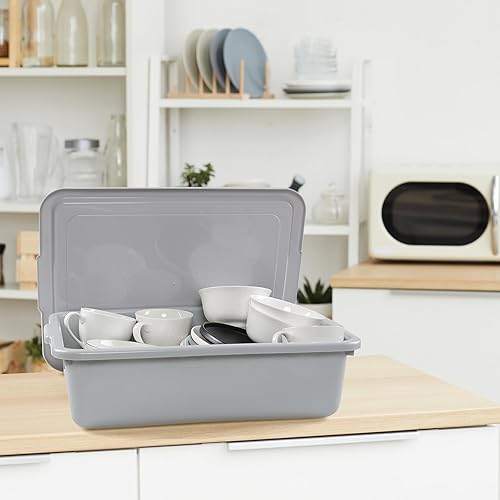 Miniatura 5 de Paquete de 3 cajas de bañera de autobús comercial de 13 L, bañeras de plástico para restaurante con tapas, color gris