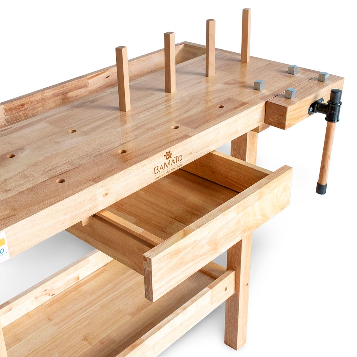 BAMATO Hobelbank WORK-1260 Werkbank Werkstatt Holz Spannzange Hobby | Robuste Hobelbank mit einfachem Aufbau | Inklusive je 4 Bankhaken aus Metall und Holz | Spannzange & große Werkzeugablage