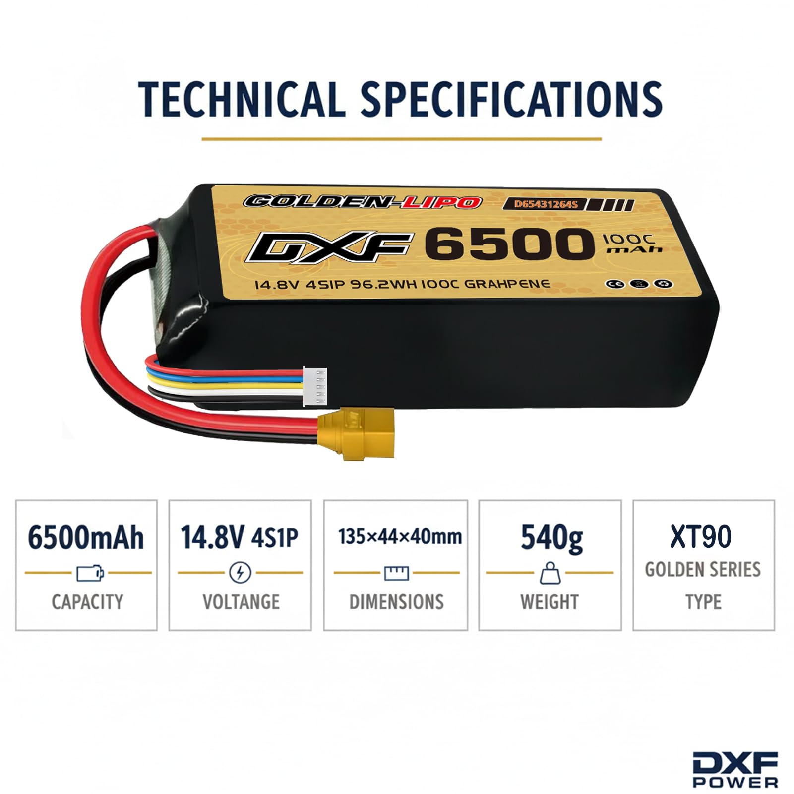DXF Batteria 4S LiPo 14,8 V 6500 mAh 100 C XT90 – RC Lipo batteria 4S per auto, aeroplano, elicottero, barca, batteria ai polimeri di litio, confezione da 2 pezzi