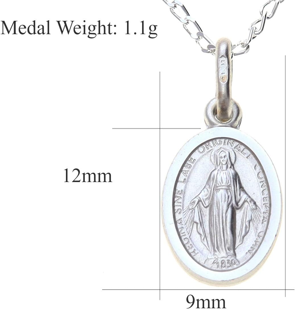 Alexander Castle Small 925 Sterling Silver Miraculous Medal Catholic Necklace - 12mm x 9mm Miraculous Medal with 16" Silver Chain & Jewelry Gift Box